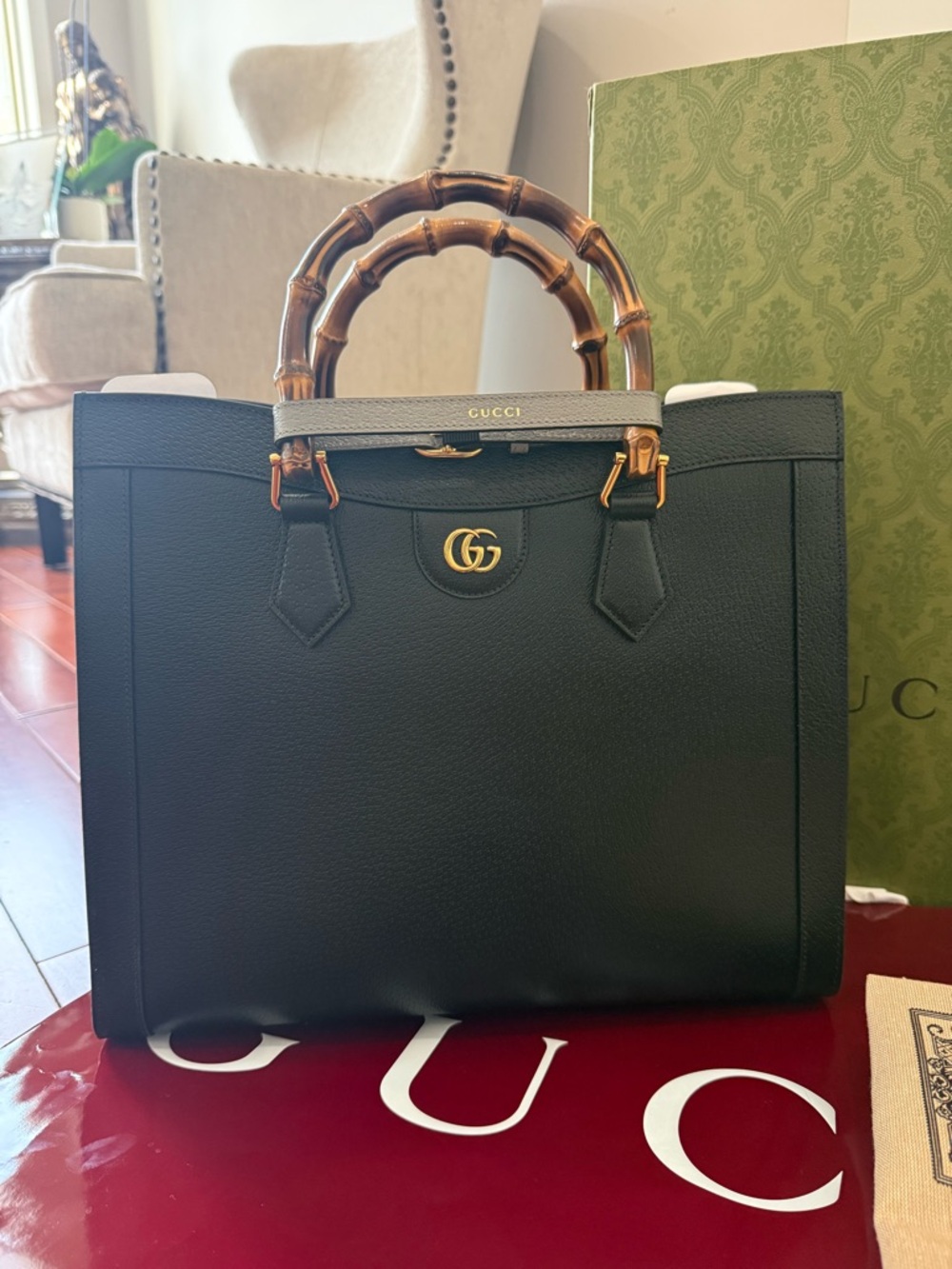 Gucci Black Leather Tote with Bamboo Top Handles